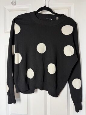 Tahari  Polka Dot Crewneck Sweater - Black and White